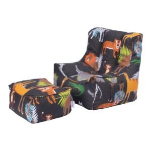 Kids Bean Bag Armchair ?C Toddler Beanbag Chair with Footstool, Printed Indoor Pouffe Set